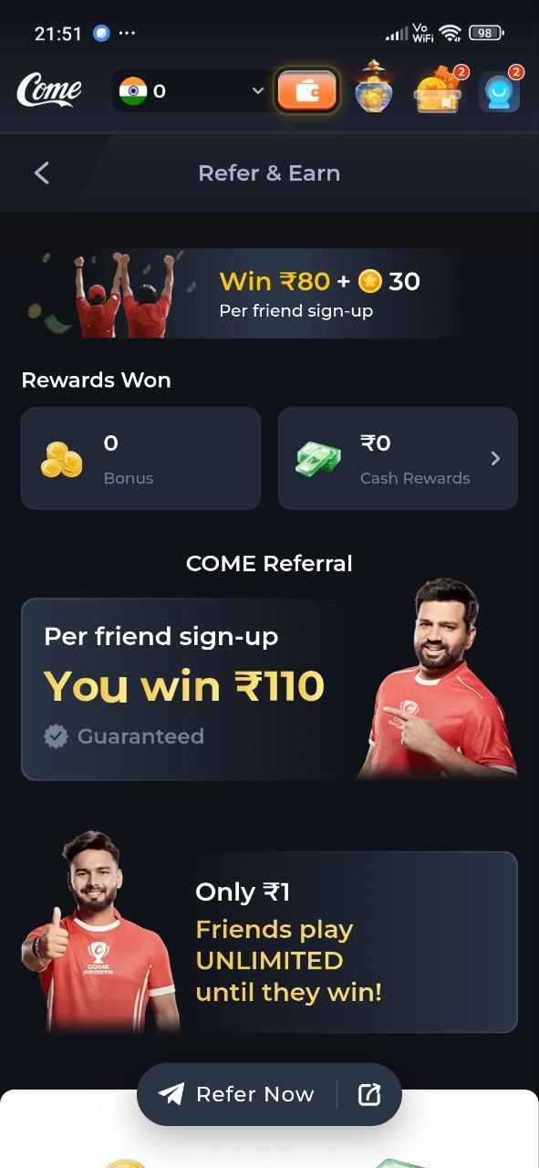 COME rewards screen